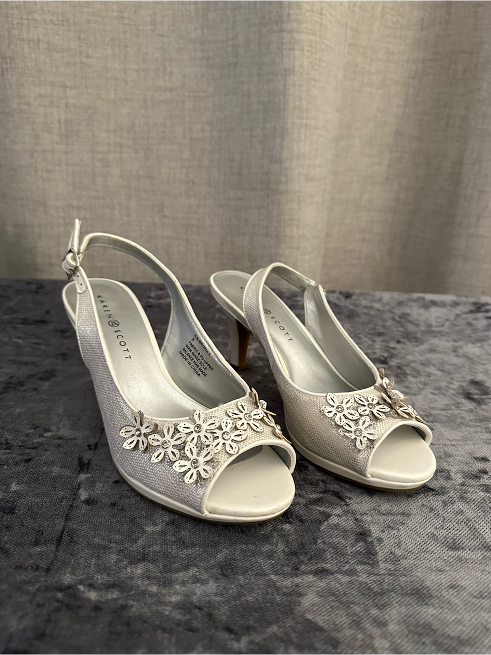 Karen Scott Ivory Peep-Toe Slingback Heels with Floral Appliqué